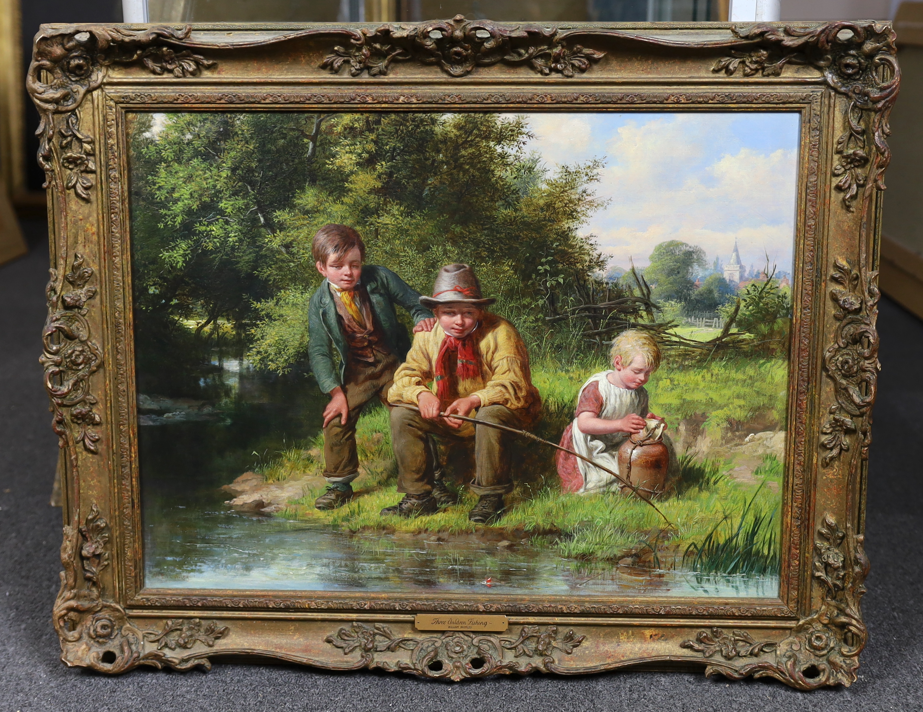 William Bromley (English, 1835-1888), 'Three children fishing', oil on canvas, 45 x 60cm